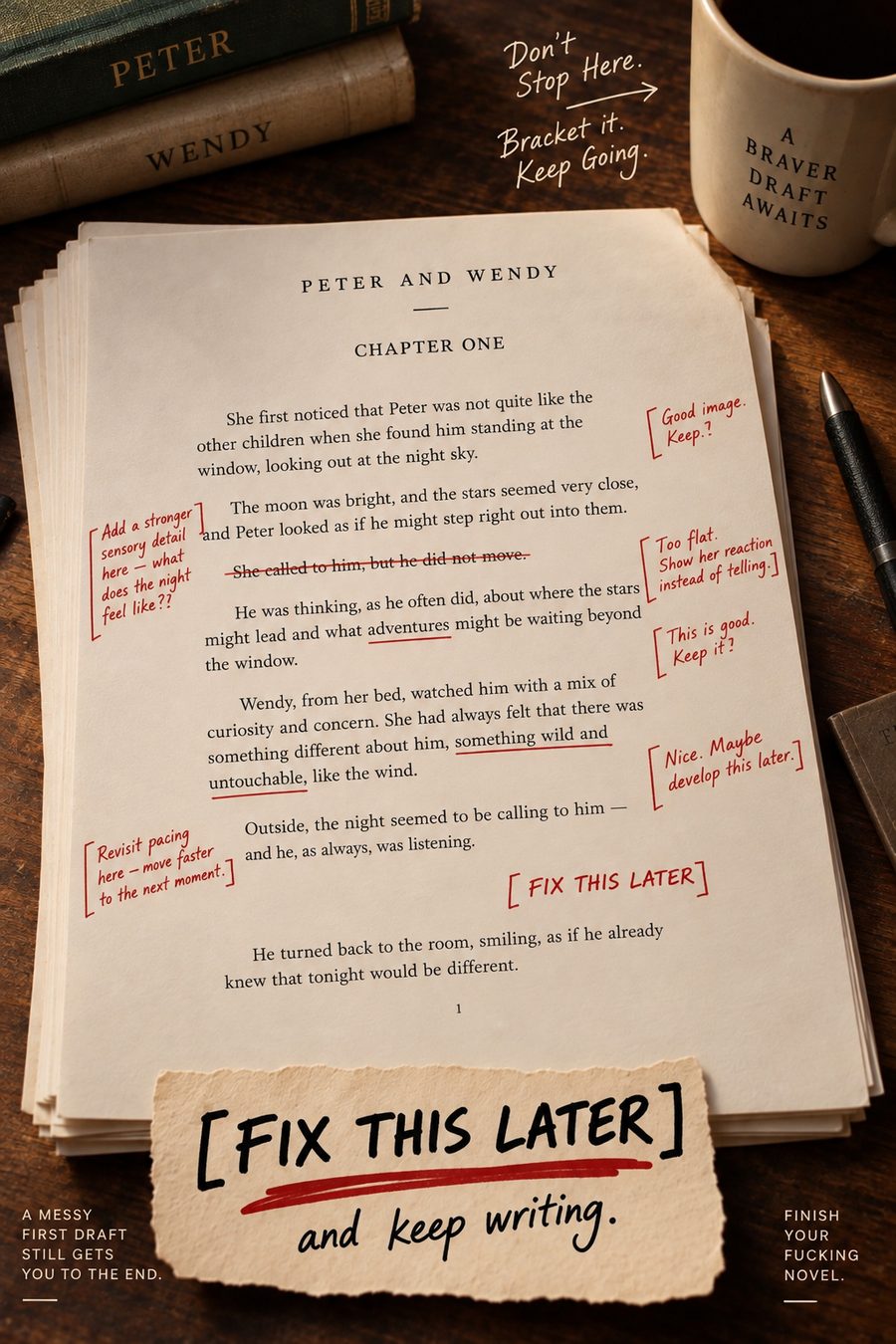 A marked-up manuscript using a bracketed FIX THIS LATER note to demonstrate leaving unresolved issues in place and continuing the draft.