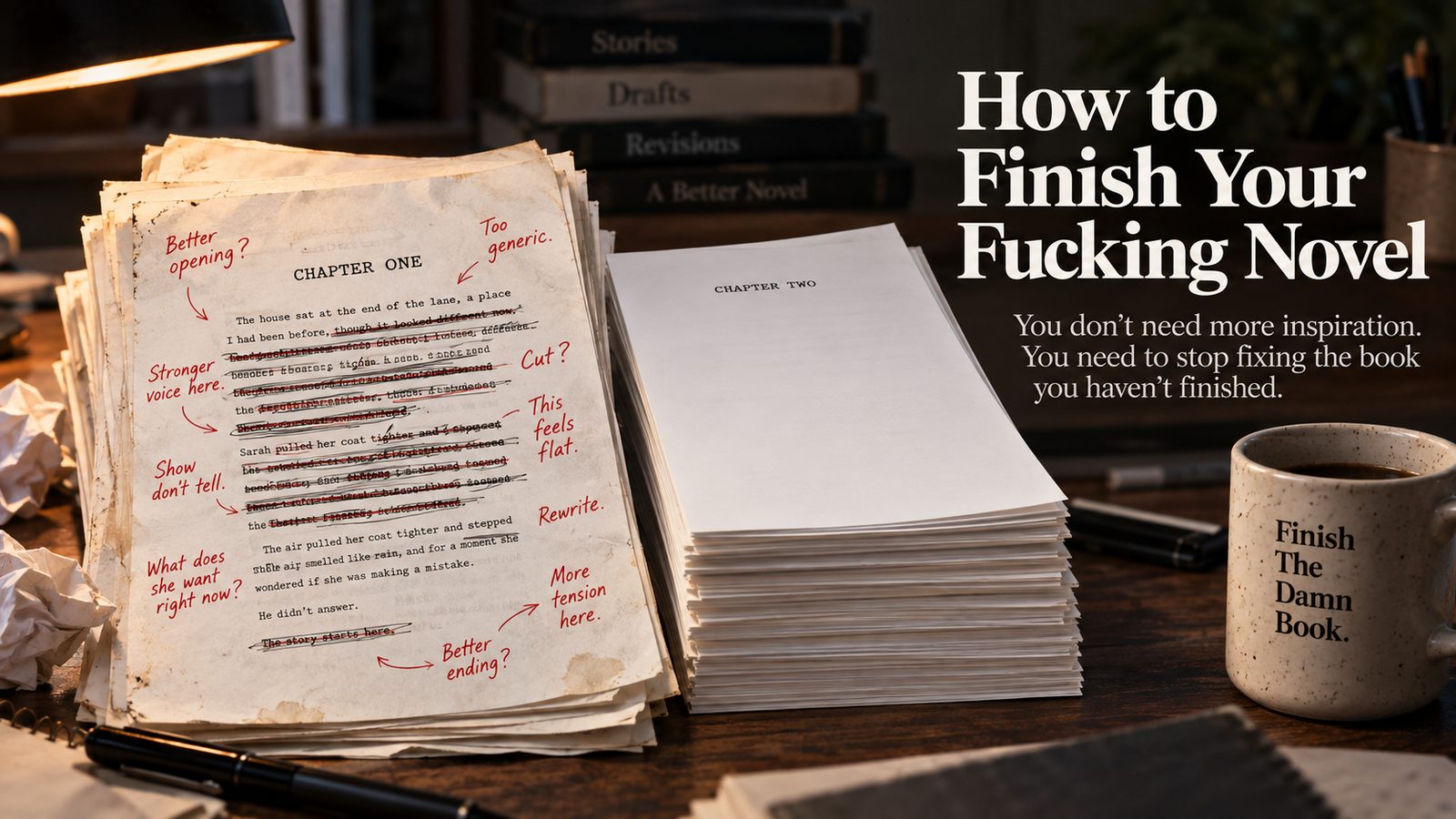 A writer’s desk with a heavily edited first chapter beside untouched manuscript pages, illustrating how constant revision can prevent a novel from moving forward.